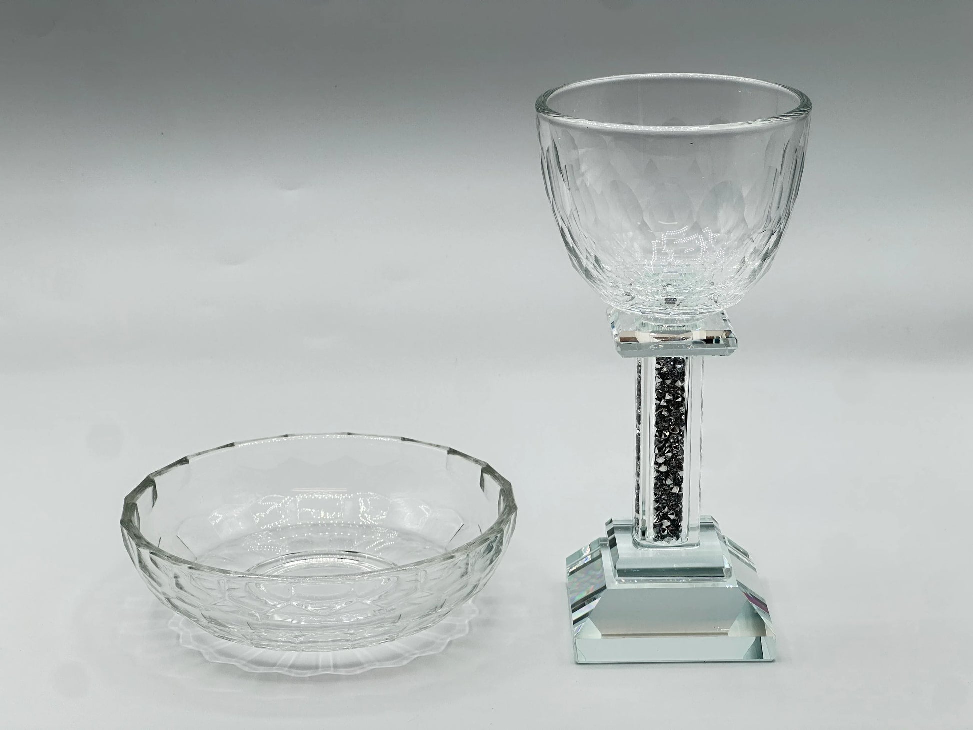 Crystal Kiddush Cup with Square Silver-Stone Stem - Includes Matching Saucer - Orot Judaica