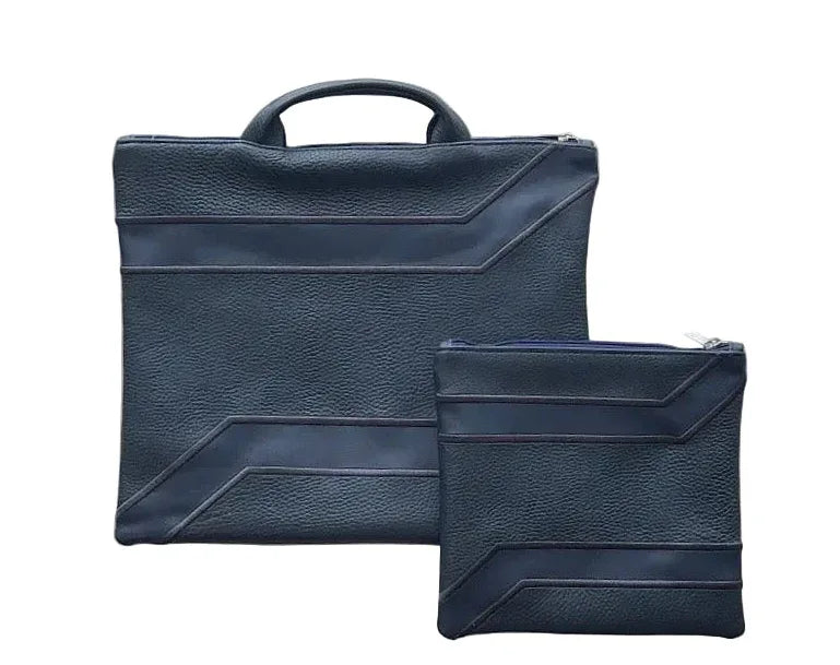 Tallit and Tefillin Bag with Handle Set - Genuine Leather Blue with Stripes - Orot Judaica