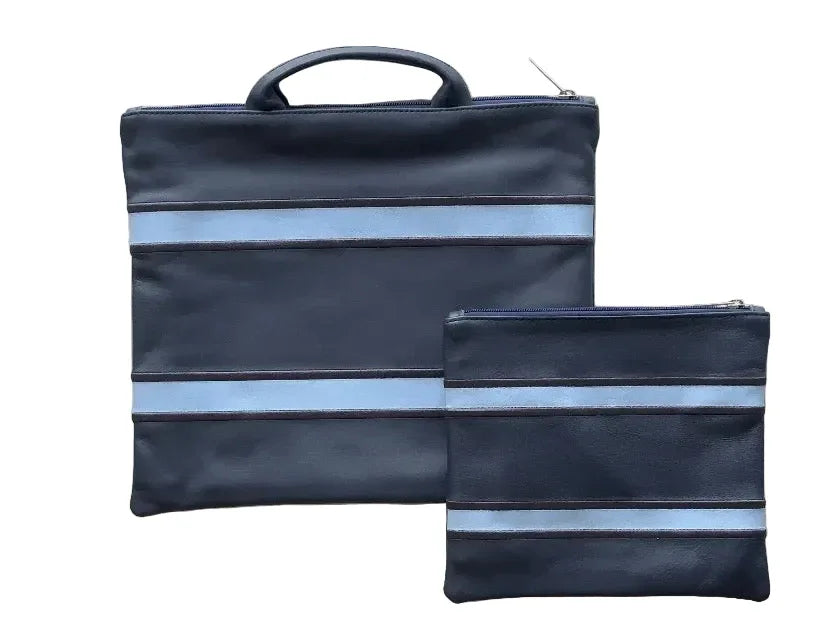 Tallit and Tefillin Bag with Handle Set - Genuine Leather Blue with Turquoise Stripes - Orot Judaica