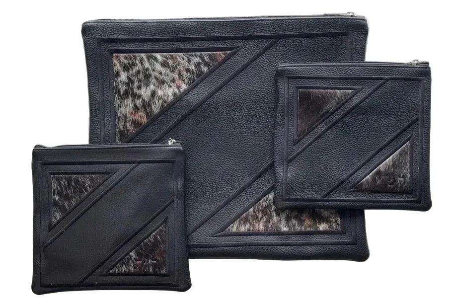 Tallit and Tefillin Bags Rashi & Rabbeinu Tam Set - Genuine Leather Black with Fur Triangles - Orot Judaica