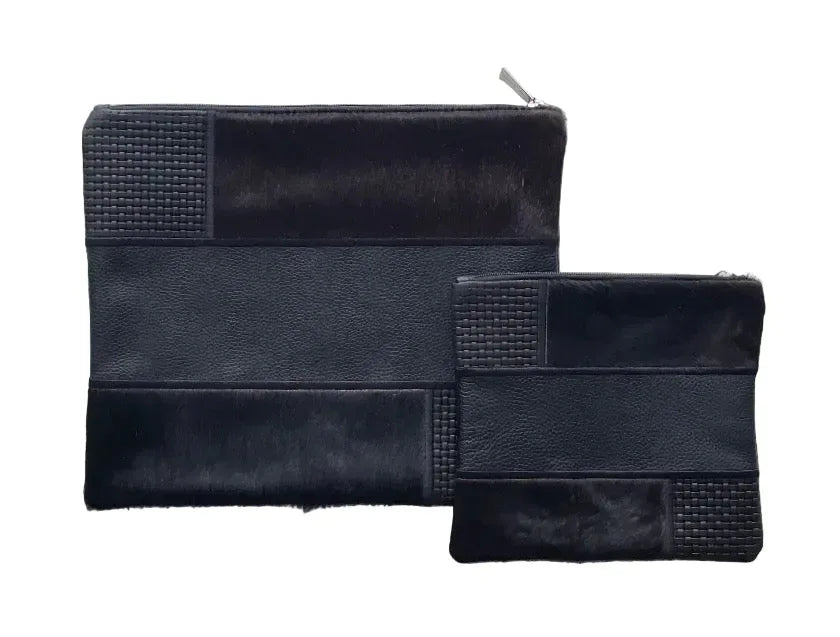 Tallit and Tefillin Bag Set - Genuine Leather Black Squares with Fur - Orot Judaica