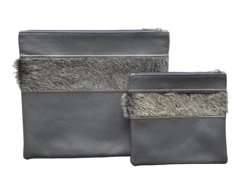 Tallit and Tefillin Bag Set - Genuine Leather Gray with Fur Stripe - Orot Judaica