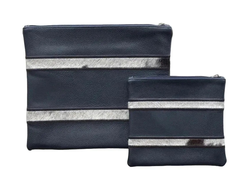 Tallit and Tefillin Bag Set - Genuine Leather Blue with Fur Stripes - Orot Judaica