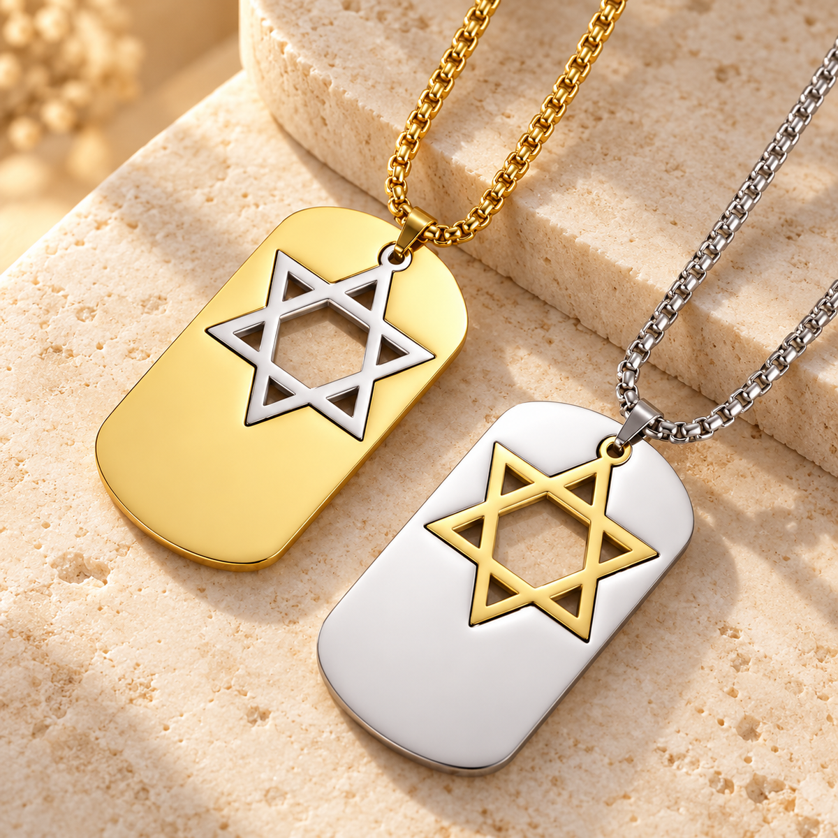 Star of David Necklace – Stainless Steel Dog Tag Pendant | Gold, Silver & Two-Tone Magen David Jewish Jewelry