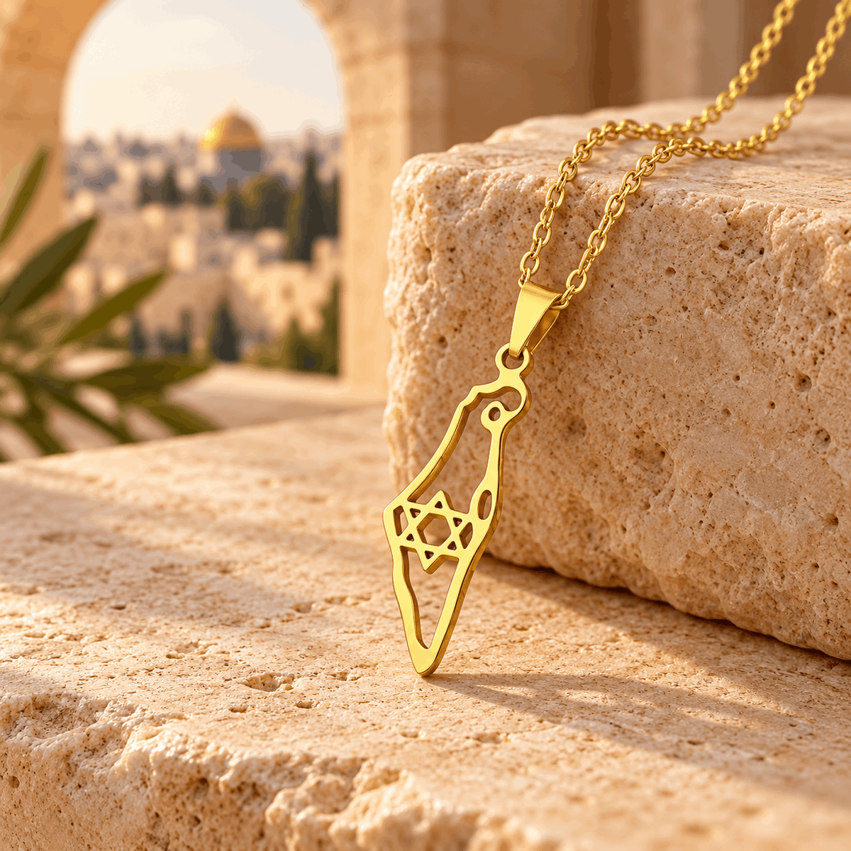 Israel Map Necklace – Stainless Steel Eretz Yisrael Outline Pendant with Star of David | Gold & Silver