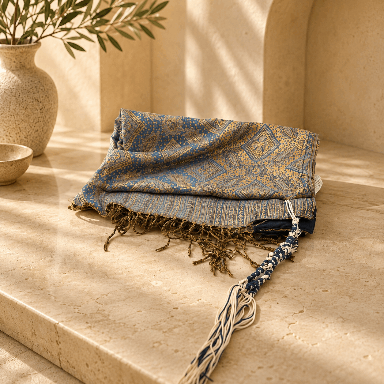 Tallit – Luxury Patterned Jewish Prayer Shawl with Tekhelet Tzitzit | Blue & Gold or Gray & White