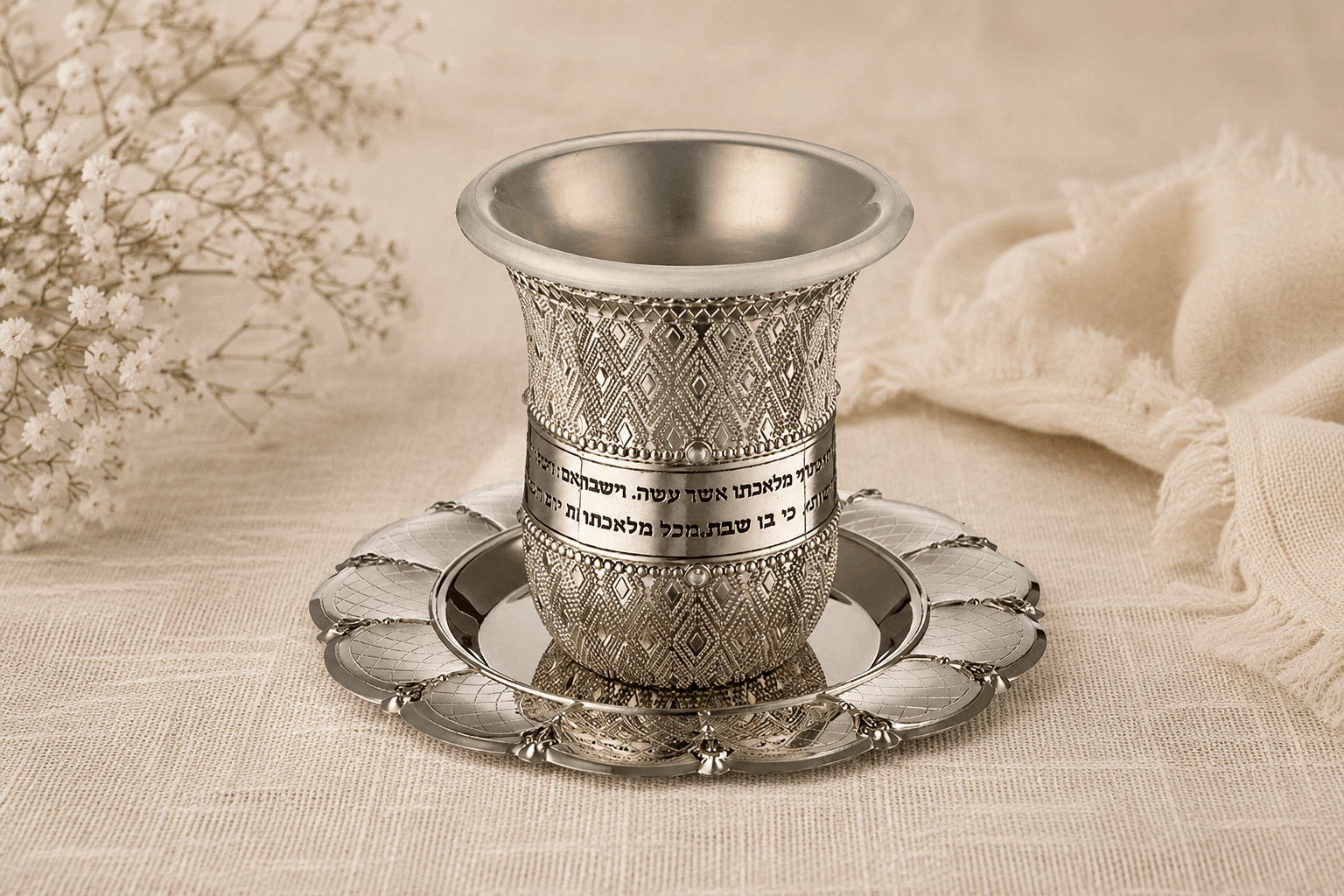 Kiddush Cup – Nickel Kiddush Cup with Saucer | Filigree Borei Pri HaGafen Design