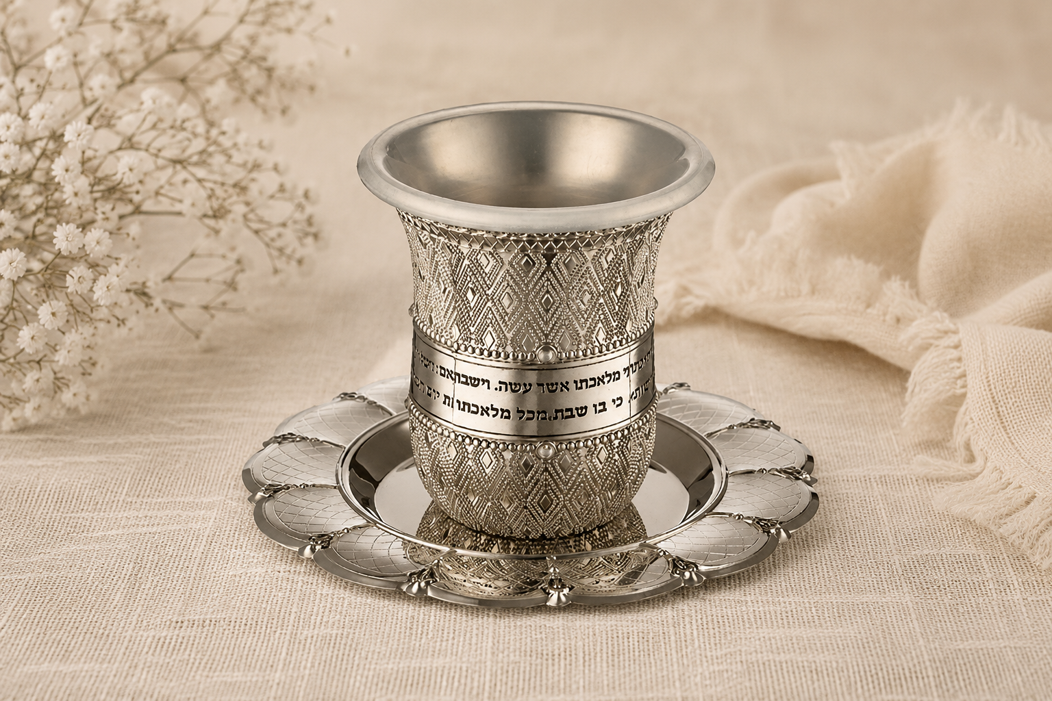 Kiddush Cup – Nickel Kiddush Cup with Saucer | Filigree Borei Pri HaGafen Design