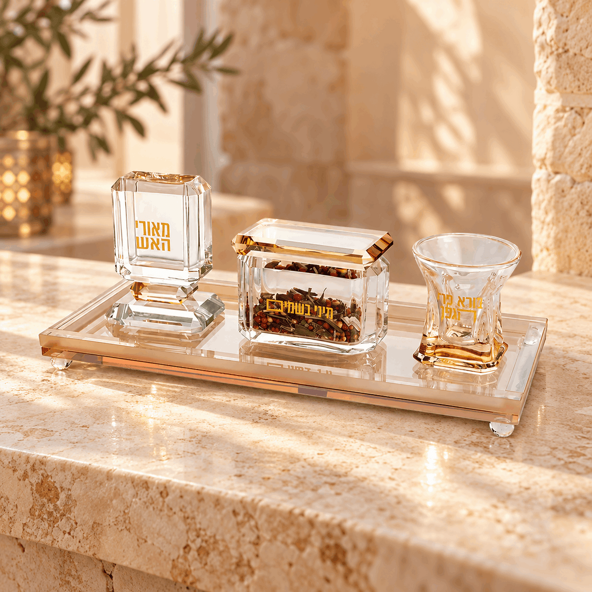 Havdalah Set – Luxury Crystal Havdalah Set with Tray, Kiddush Cup, Candle Holder & Besamim Box