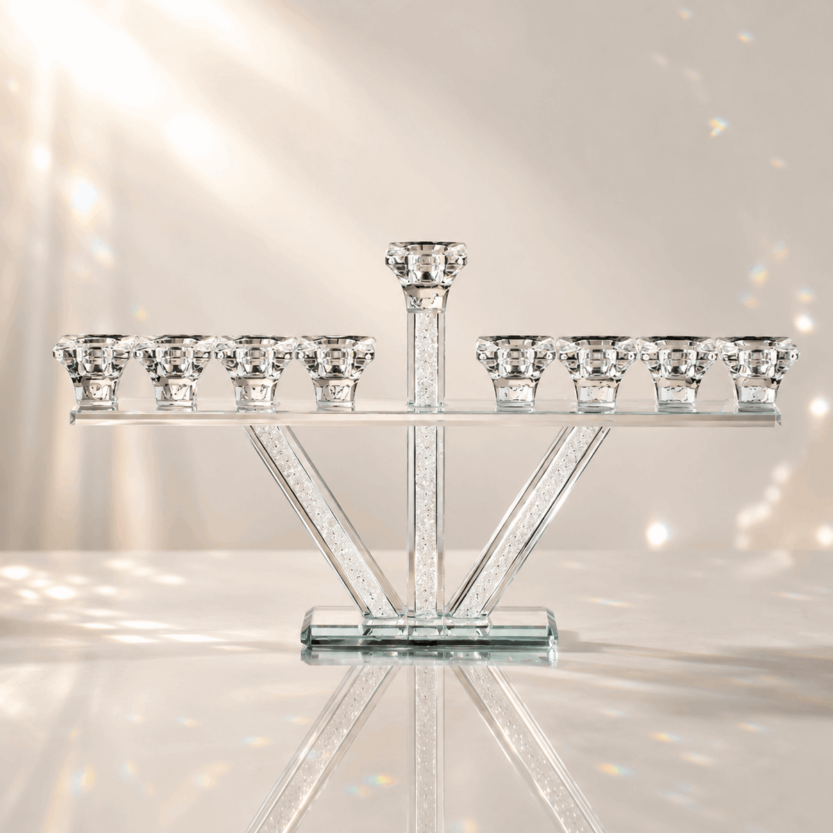 Hanukkiah – V-Line Crystal Hanukkah Menorah | Colorful or Clear Crystal Edition