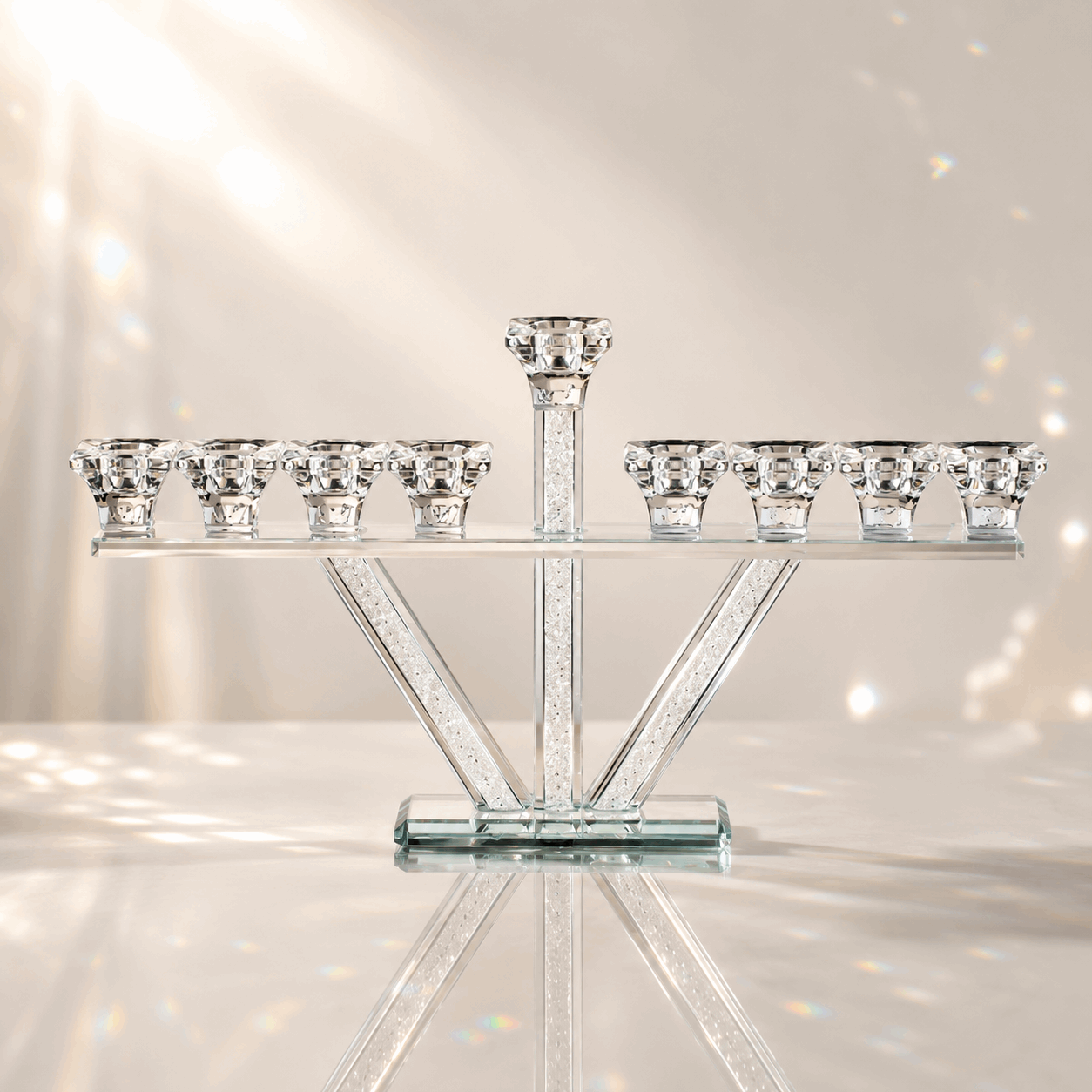 Hanukkiah – V-Line Crystal Hanukkah Menorah | Colorful or Clear Crystal Edition