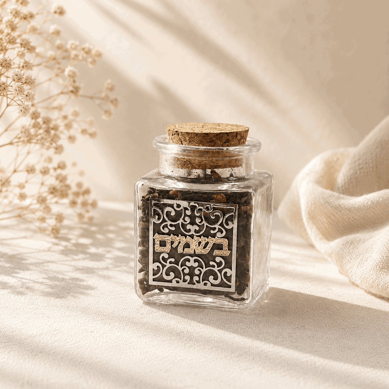 Glass Besamim Jar - Havdalah Spice Container with Gold Plaque