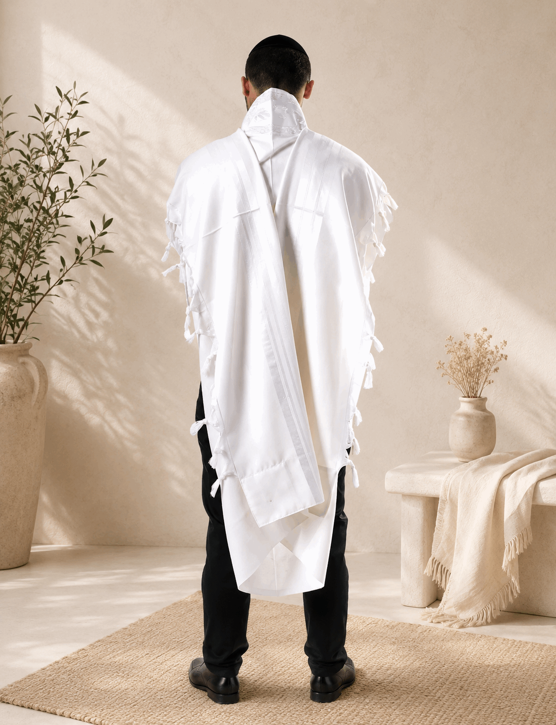 Tallit Pe'er Kal White - 100% Pure Rehelim Wool - Mishkan HaTchelet