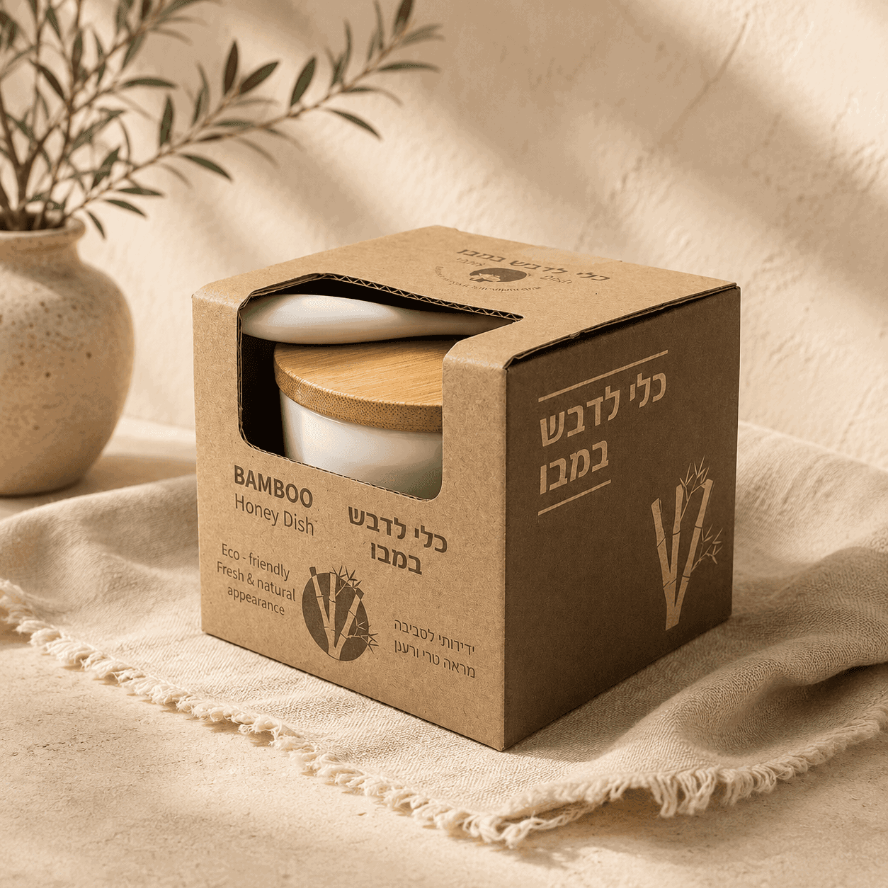 Honey Dish with Spoon - Natural Bamboo “Shana Tova”