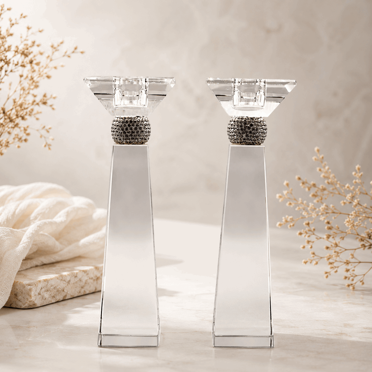 Candlesticks - Crystal Shabbat & Yom Tov Candlesticks | Faceted Crystal Pillar Design