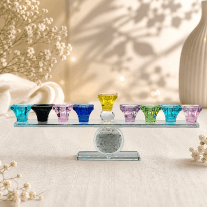 Hanukkiah – Orbit Crystal Hanukkah Menorah | Colorful or Clear Crystal Edition