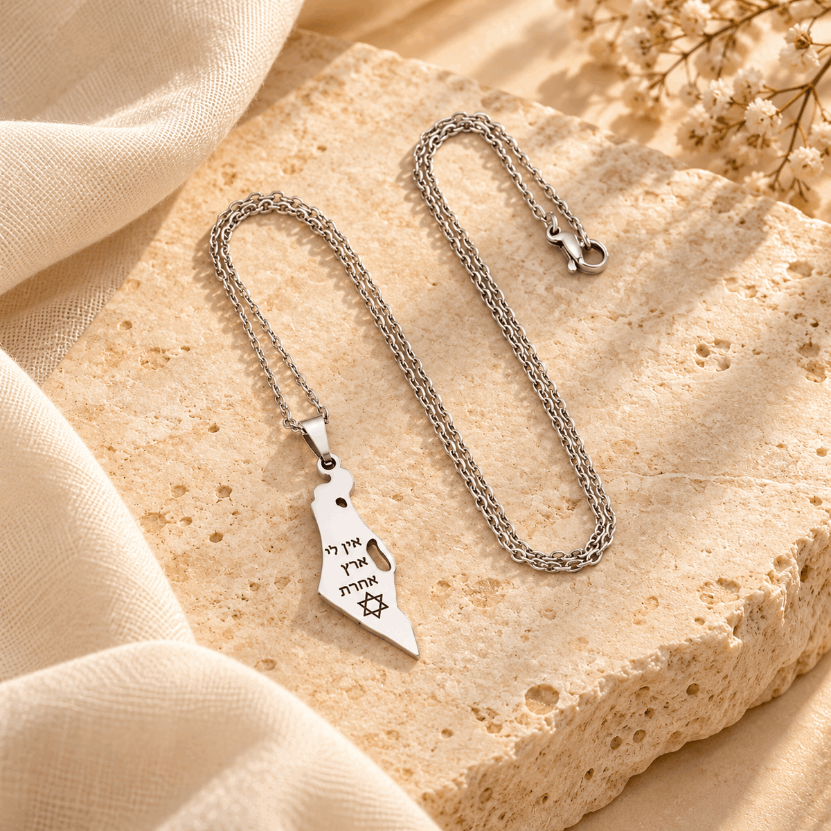 Israel Map Necklace – Stainless Steel Eretz Yisrael Pendant with Hebrew "Ein Li Eretz Acheret" & Star of David | Gold & Silver