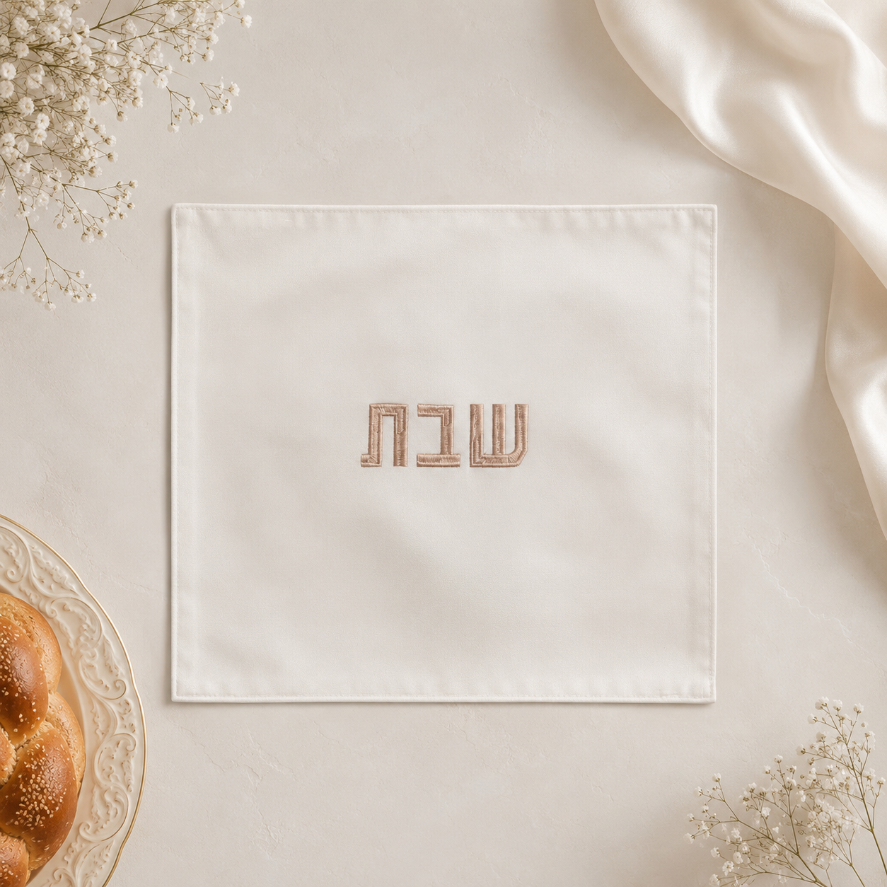 Challah Cover – Organic Bamboo Fabric Shabbat Challah Cover | White Velvet Touch with Copper Embroidery