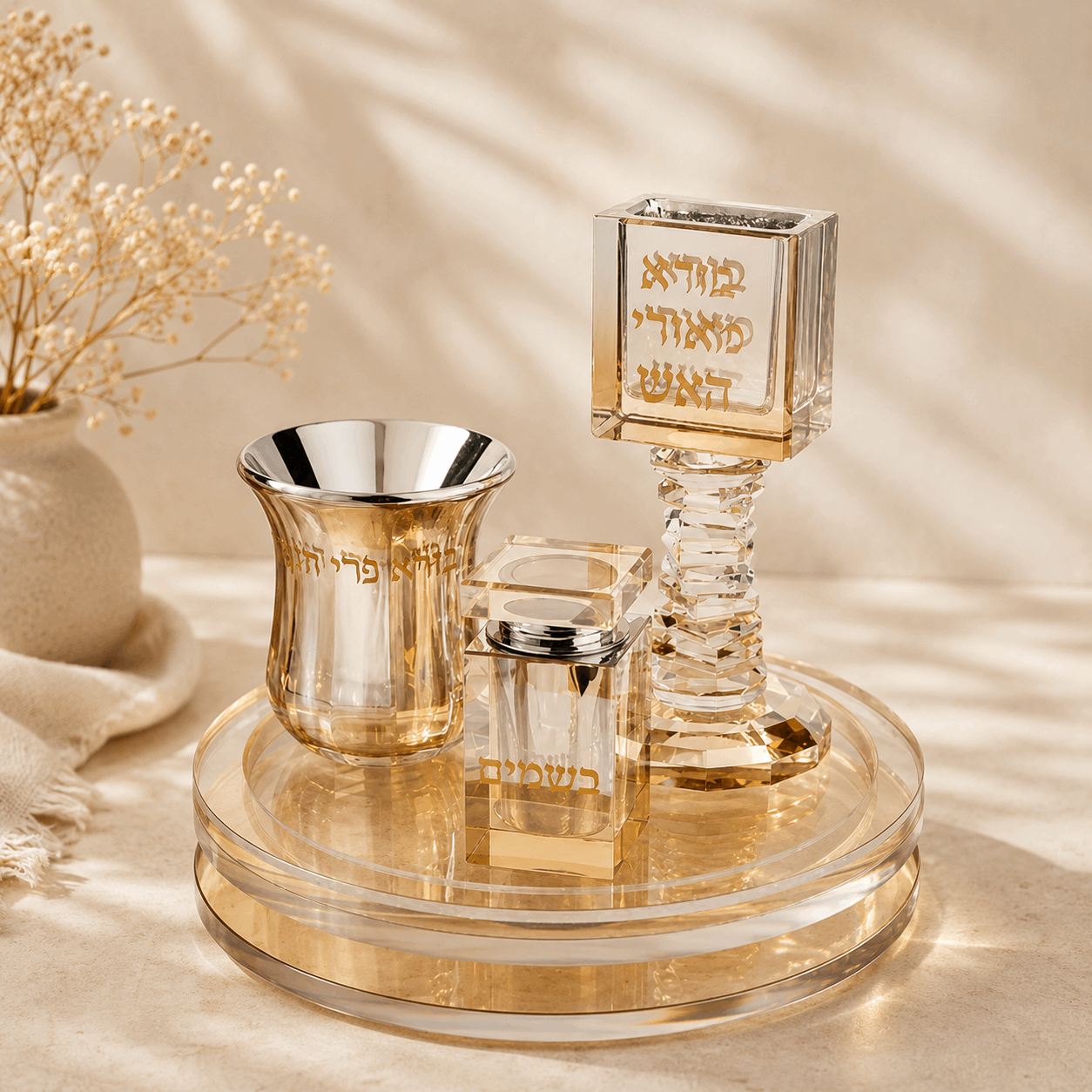 Crystal Golden Havdalah Set with Rotating Tray