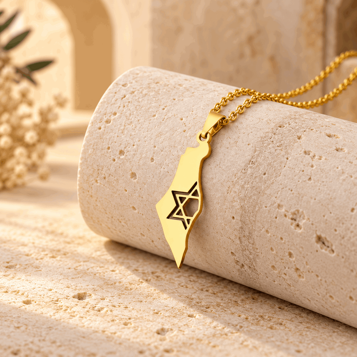 Israel Map Necklace – Stainless Steel Solid Eretz Yisrael Pendant with Star of David Cutout | Gold & Silver