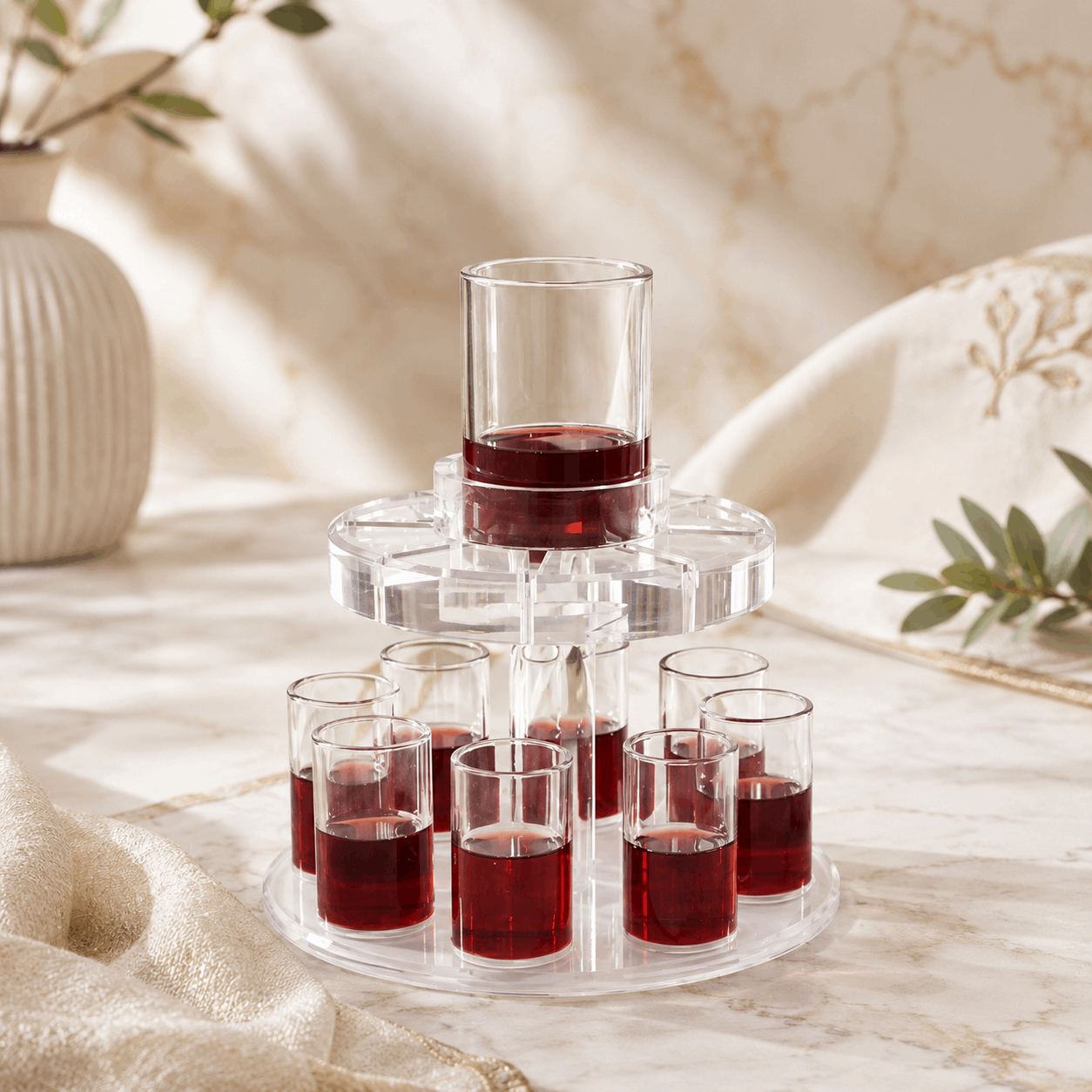 Kiddush Wine Fountain Set - Acrylic Kiddush Cup with 8 Wine Cups | Elegant Shabbat & Yom Tov Wine Dispenser