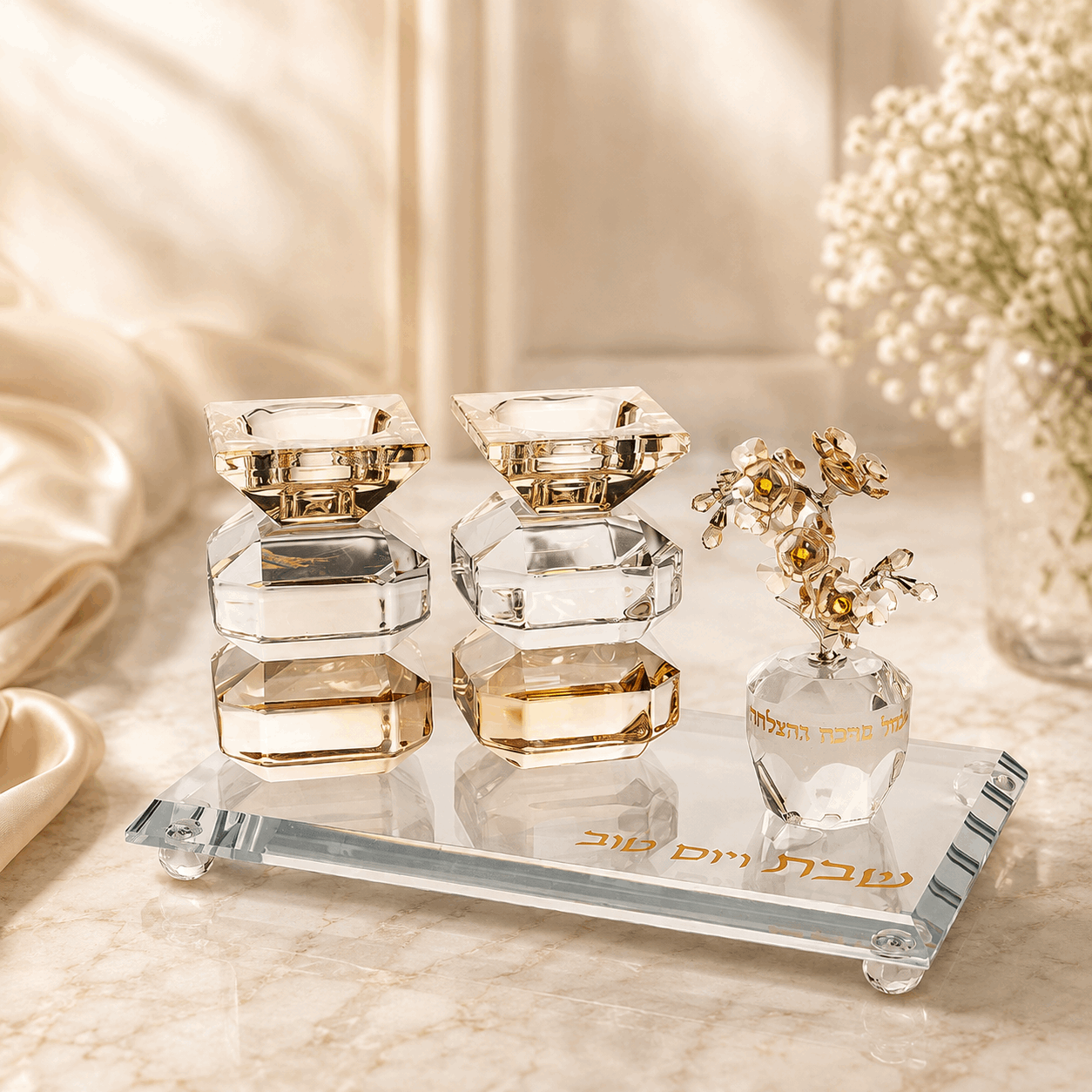 Candlesticks – Crystal Shabbat & Yom Tov Candlesticks with Tray | Blossom Design