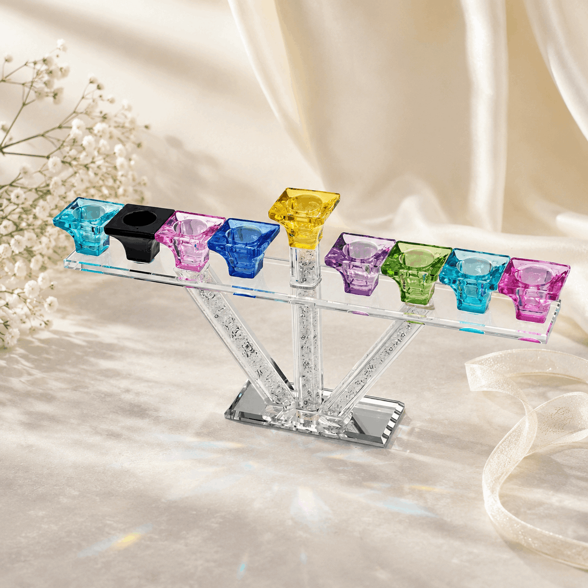 Hanukkiah – V-Line Crystal Hanukkah Menorah | Colorful or Clear Crystal Edition