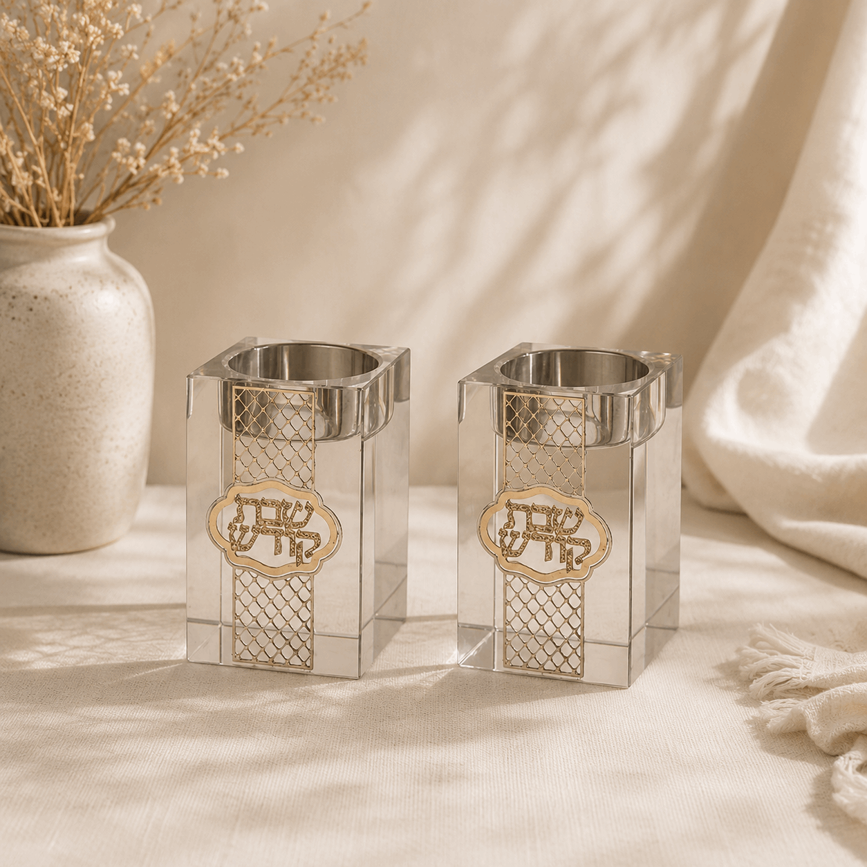 Shabbat Candlesticks - Square Crystal Gold Plaque Design