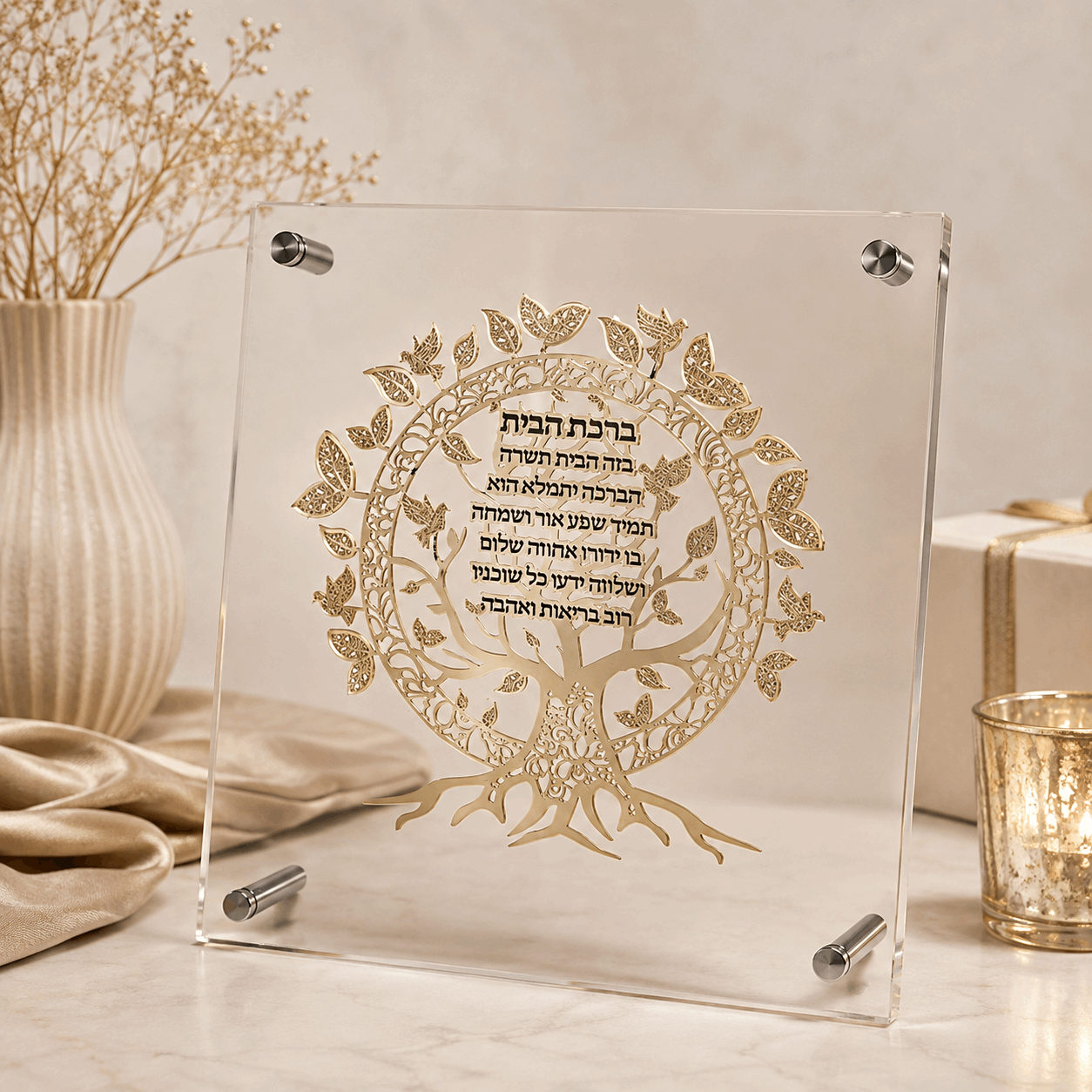 Birkat HaBayit – Acrylic Home Blessing with Gold Tree of Life Plaque