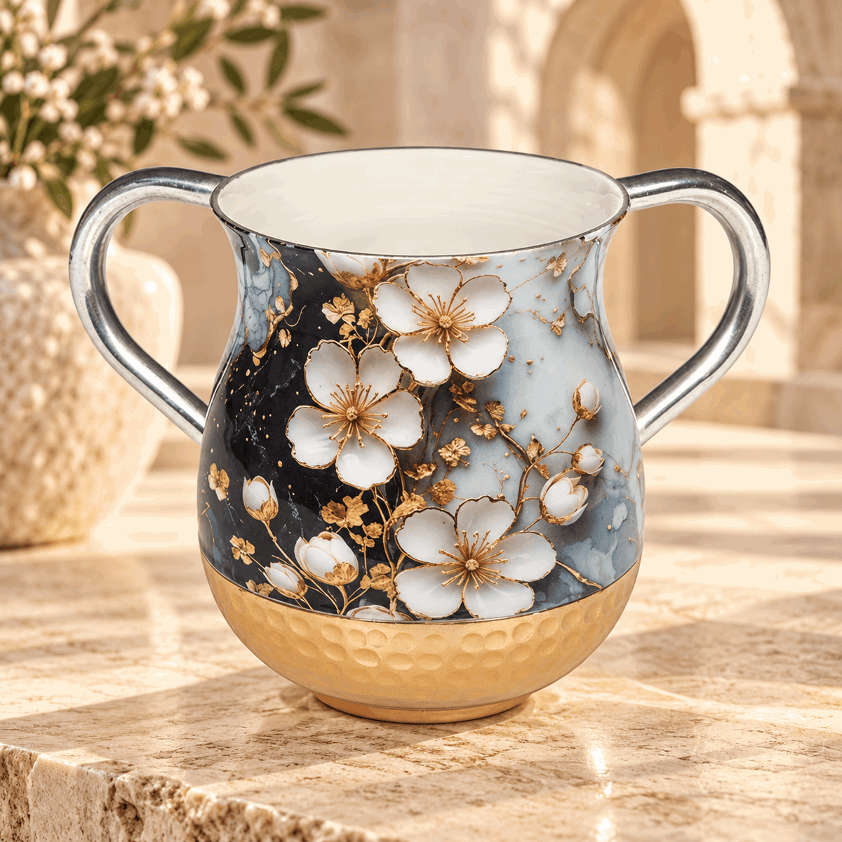 Netilat Yadayim Washing Cup – Aluminum Marble Design with Gold Floral Accents
