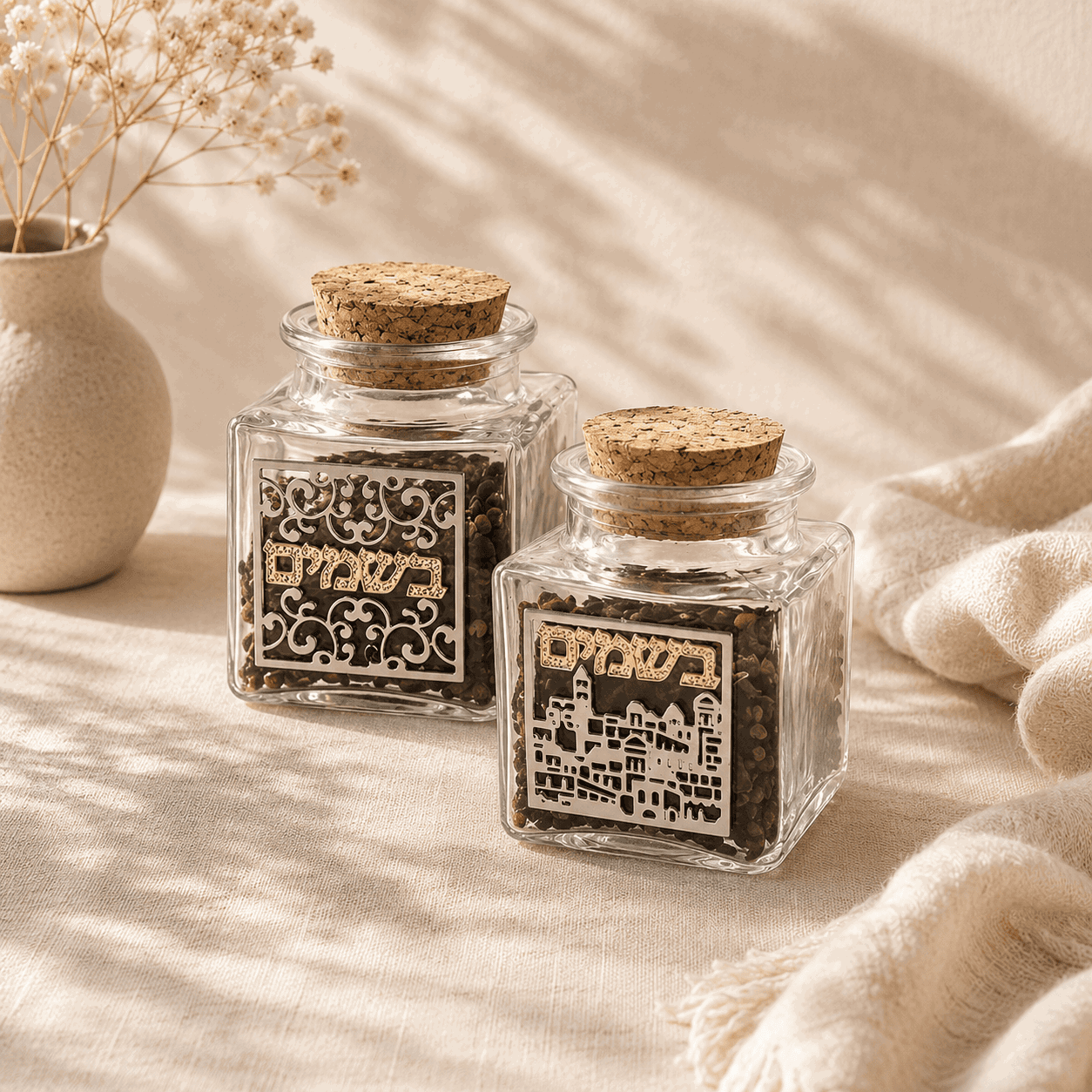 Glass Besamim Jar - Havdalah Spice Container with Gold Plaque
