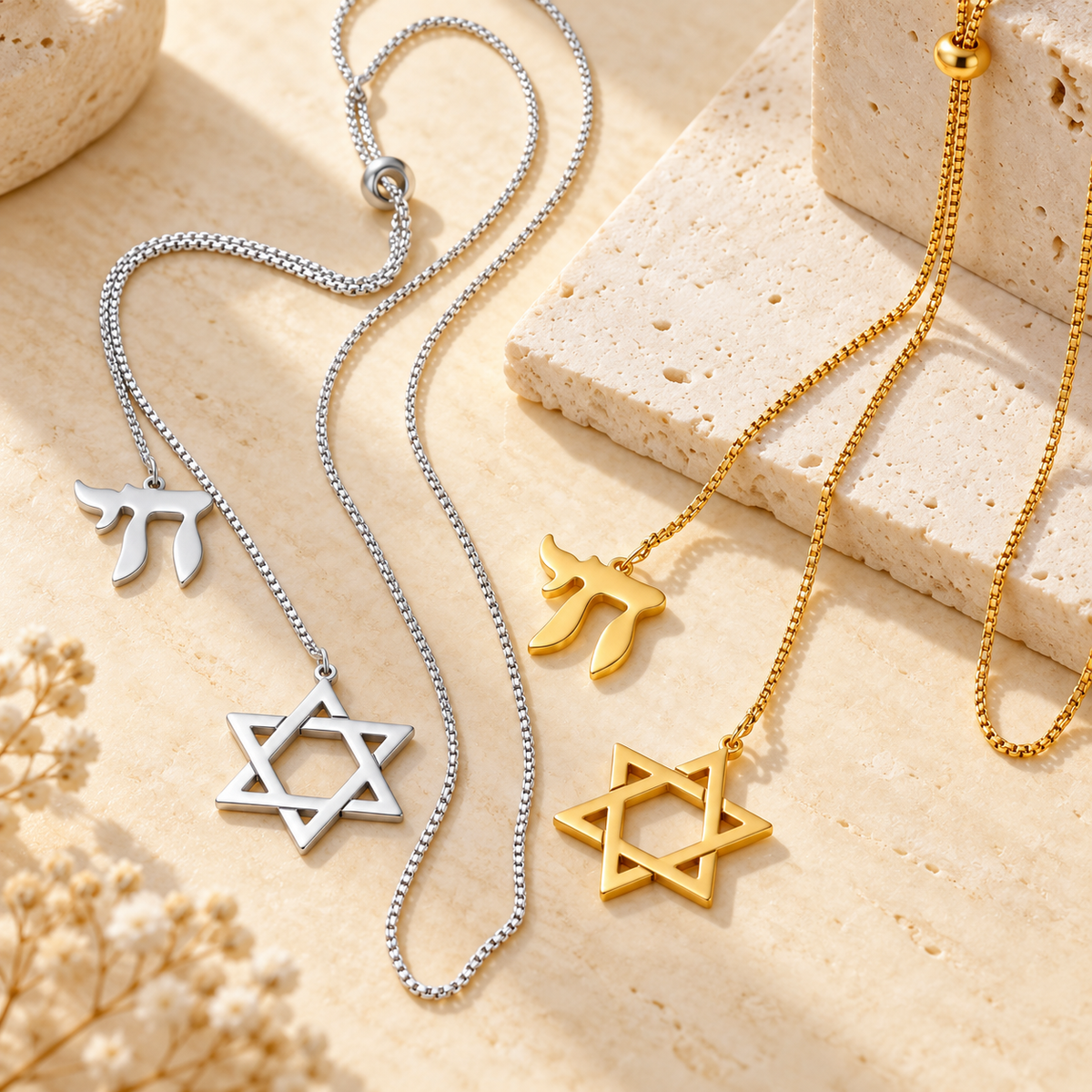 Star of David & Chai Necklace – Stainless Steel Double Pendant Necklace with Front Ring Clasp | Gold or Silver Jewish Jewelry