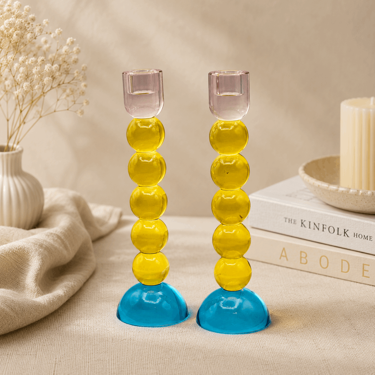 Candlesticks – Modern Glass Shabbat & Yom Tov Candlesticks | Pastel Blue, Yellow & Pink Bubble Design