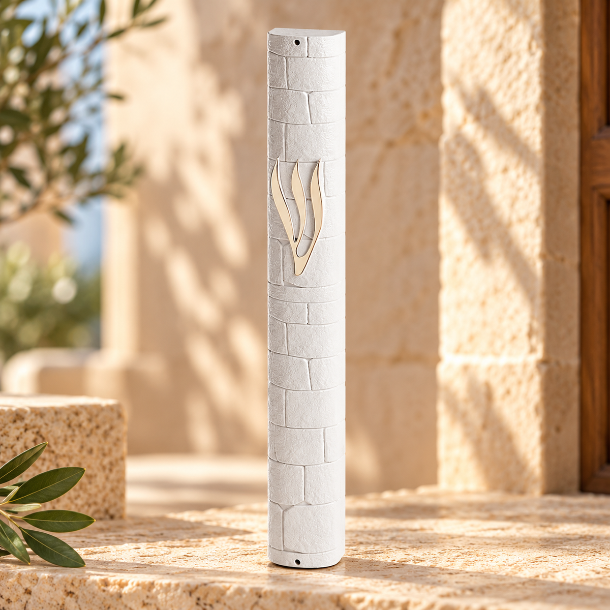 Mezuzah Case – White Plastic Kotel Western Wall Design with Gold Shin | Fits Up to 30 cm (11.8") Klaf