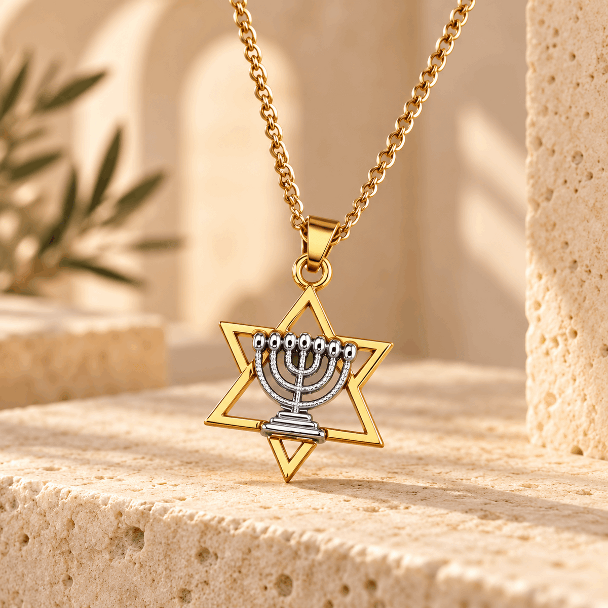 Star of David Necklace with Silver Menorah – Gold Magen David Pendant, Unisex Jewish Jewelry