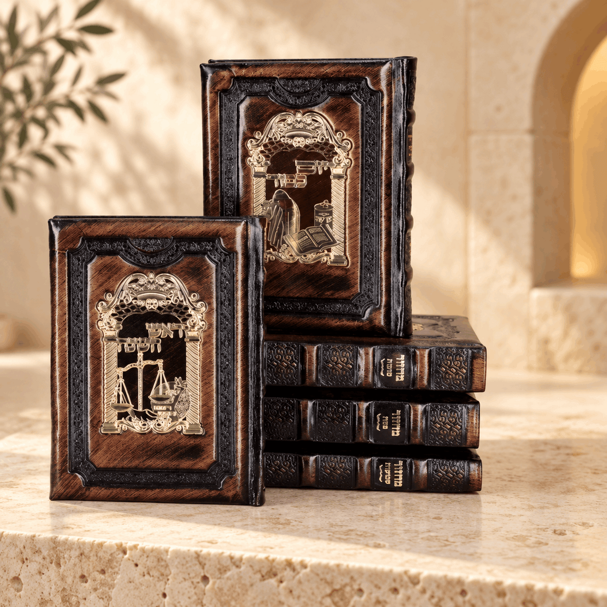 Machzor Set – Gate 14K Gold Plaque Genuine Leather Hebrew Machzorim | Miller Beit Tefillah | Name Embossing