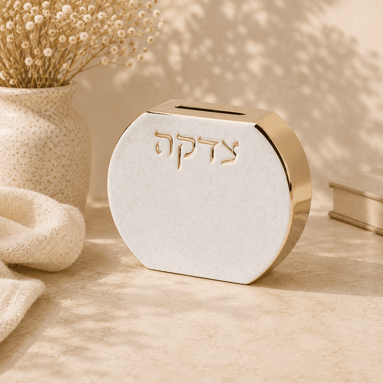 Tzedakah Box - Marble White & Gold Modern Design