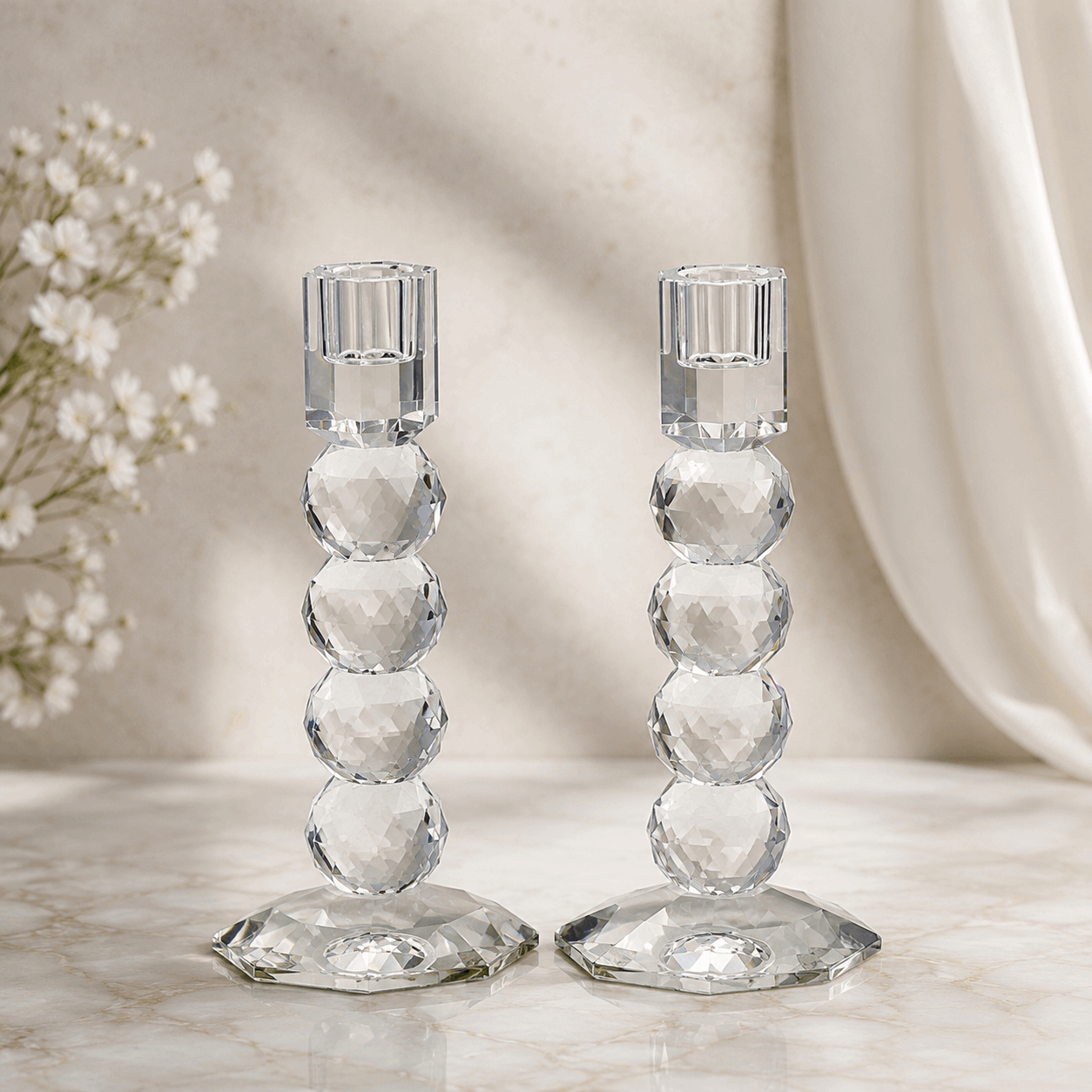Candlesticks - Crystal Shabbat & Yom Tov Candlesticks | Faceted Sphere Design
