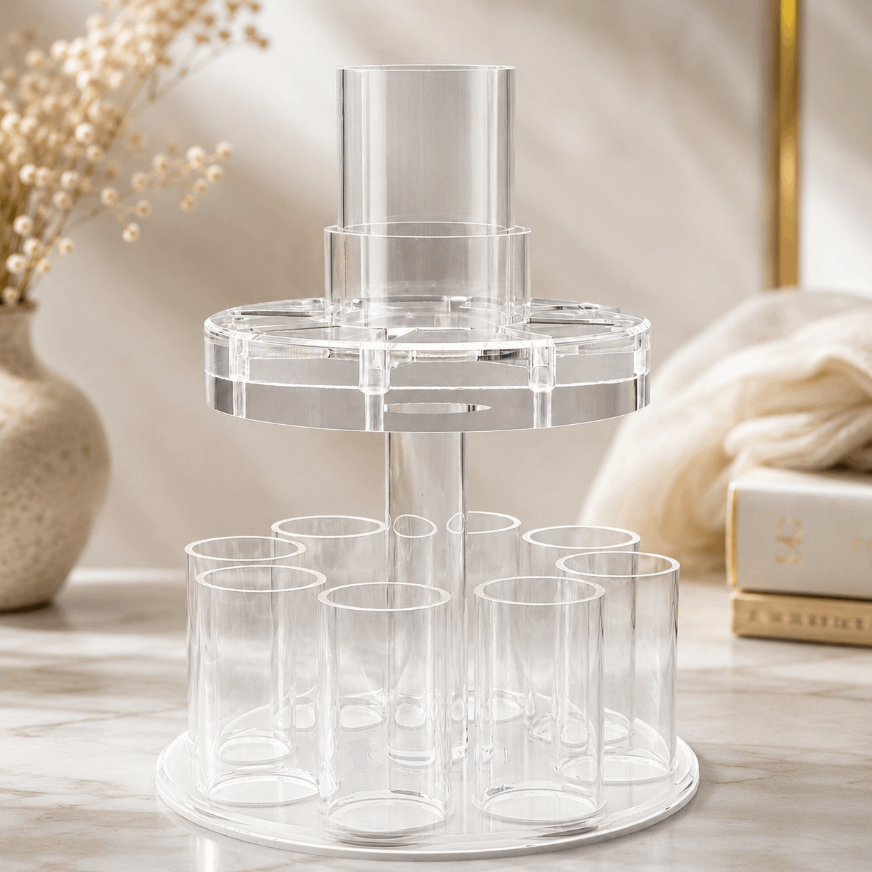 Kiddush Wine Fountain Set - Acrylic Kiddush Cup with 8 Wine Cups | Elegant Shabbat & Yom Tov Wine Dispenser