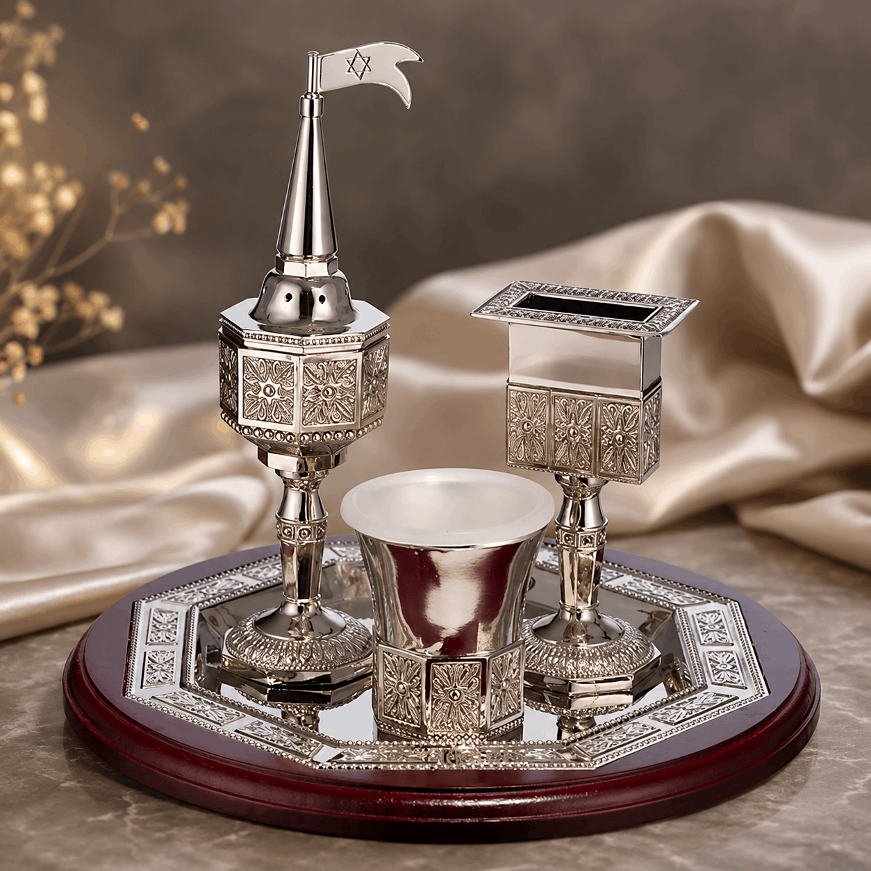 Havdalah Set – Mahogany Wood & Nickel Havdalah Set with Matching Tray